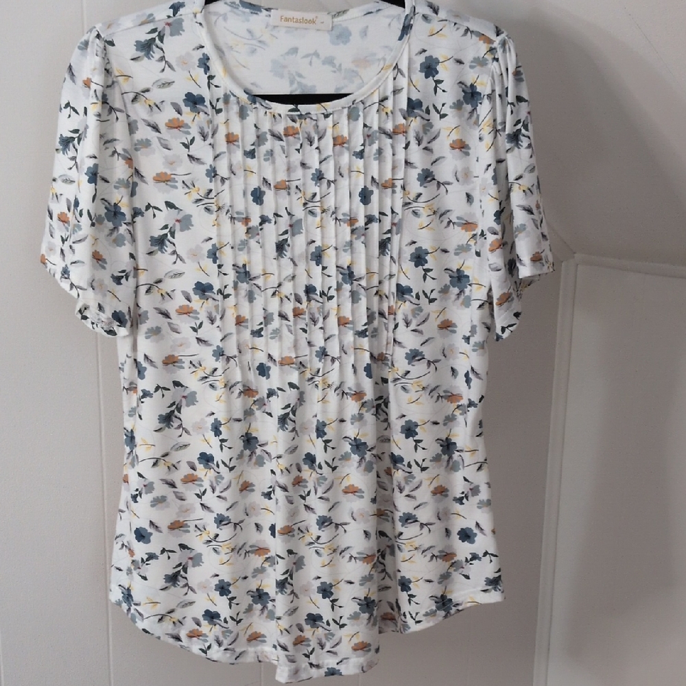 Floral Print Women's Blouse in White and Blue